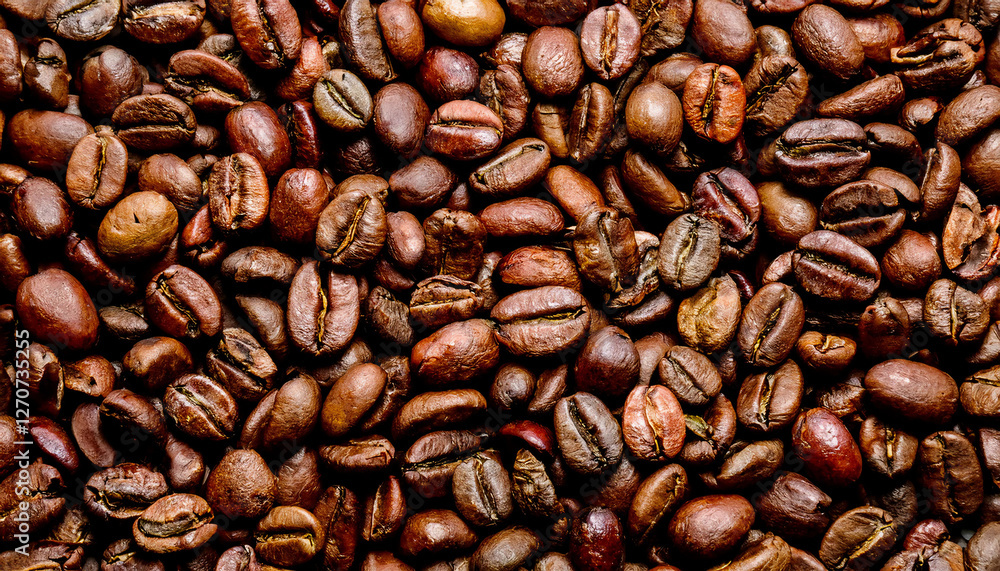 Obraz premium Background filled with coffee beans, highlighting their oval shape, smooth texture, and deep brown color. Perfect for coffee-related, cozy, or art concepts. Texture, background.