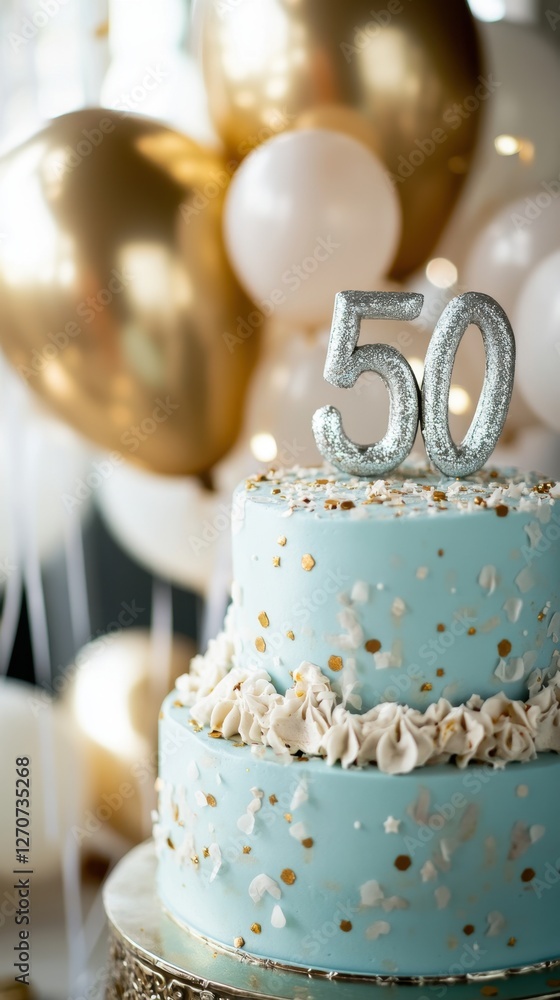Fototapeta premium Elegant 50th birthday celebration with cake and balloons