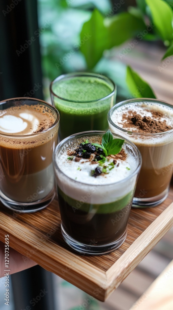 Assorted latte and matcha beverages on wooden serving tray with greenery Assorted latte and matcha beverages on wooden serving tray with greenery