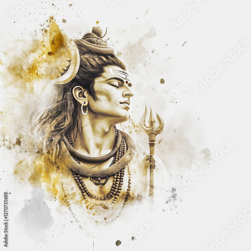 A digital painting depicts a figure believed to represent Lord Shiva, adorned with traditional jewelry and holding a trident. He stands amidst a swirling, cosmic background composed of colorful nebula photo