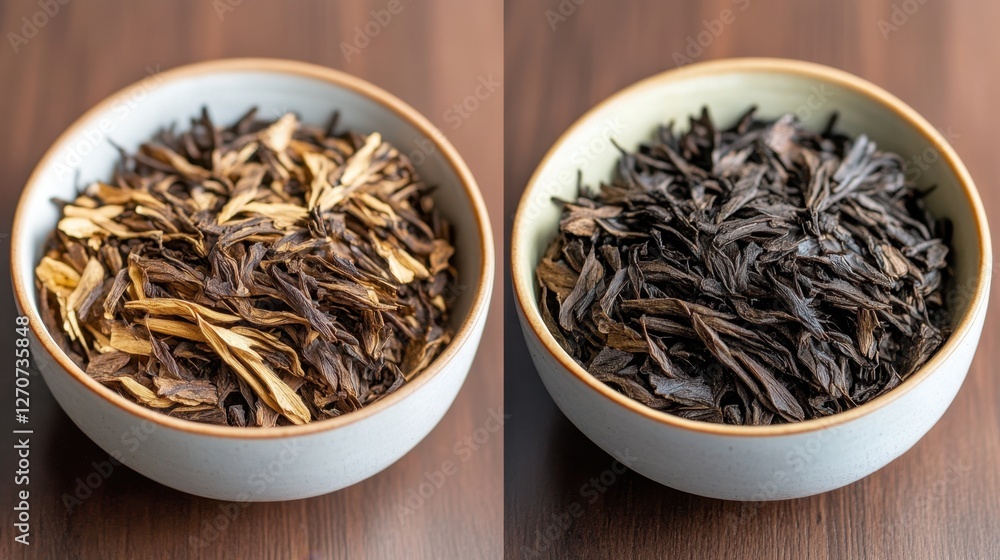 Dual bowls of dried tea leaves on wooden surface for culinary exploration Dual bowls of dried tea leaves on wooden surface for culinary exploration
