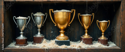 Trophy collection displayed on wooden shelf with sawdust