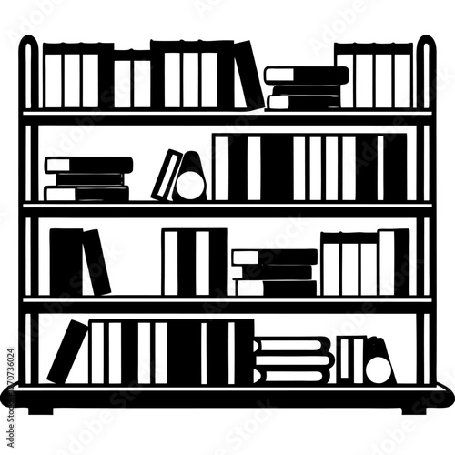 A black and white illustration of a fourshelf bookcase filled with books