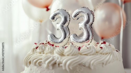 Elegant 33rd birthday celebration with silver balloons and cream cake photo