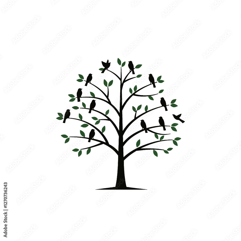 Artistic Tree With Sitting Birds on Branches in Minimalist Style Artistic Tree With Sitting Birds on Branches in Minimalist Style