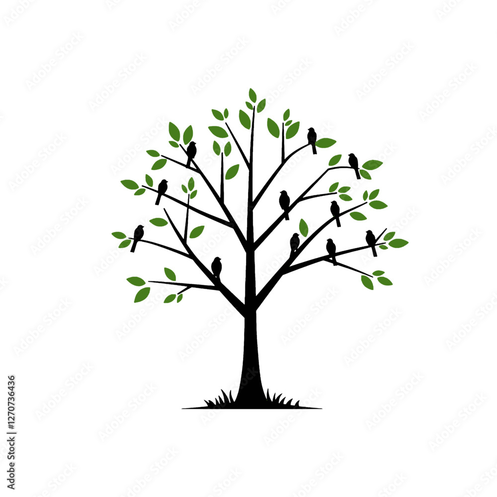 Illustrated Tree with Birds on Branches and Bright Green Leaves Illustrated Tree with Birds on Branches and Bright Green Leaves