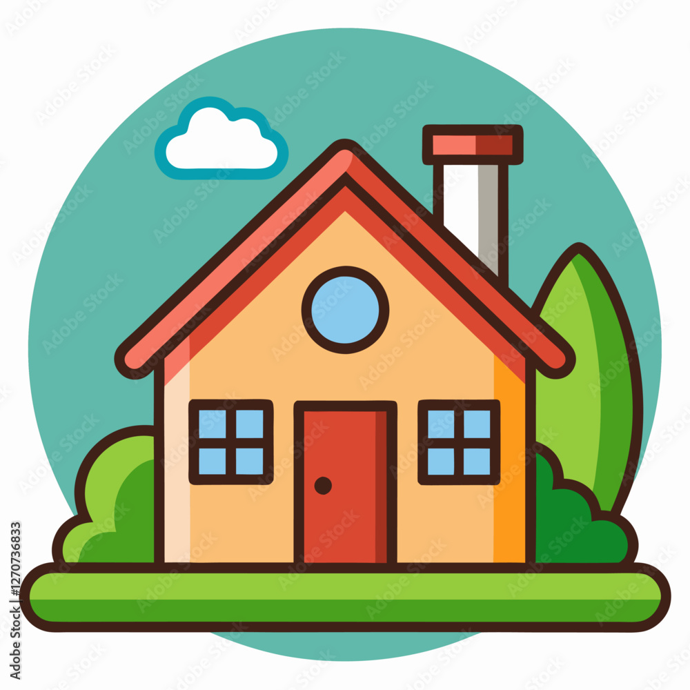 Charming Suburban House Illustration with Green Landscape and Blue Sky Charming Suburban House Illustration with Green Landscape and Blue Sky