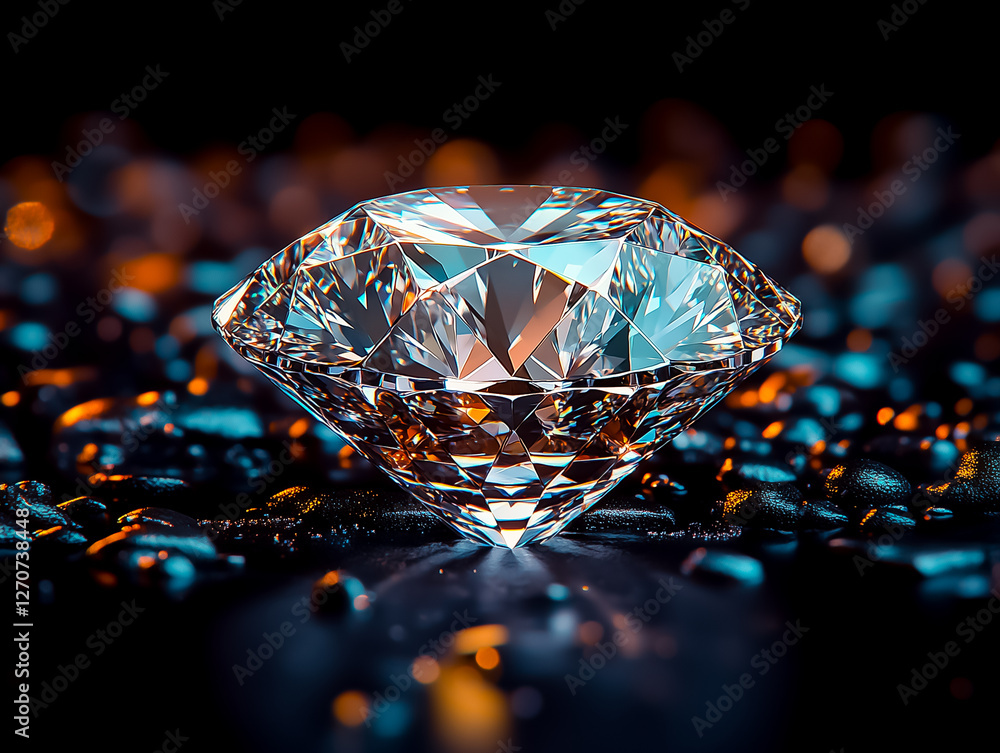 Close-up of a sparkling diamond on a reflective surface with vibrant lights in the background. Close-up of a sparkling diamond on a reflective surface with vibrant lights in the background.