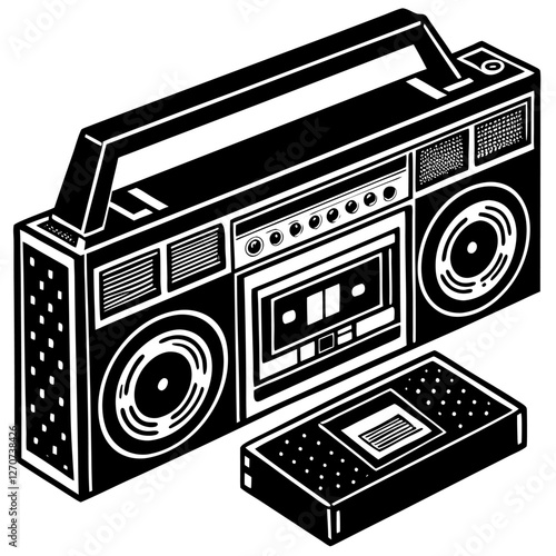Vintage Boombox Cassette Player with Portable Recorder 80s 90s Retro Music Technology Graphic Design