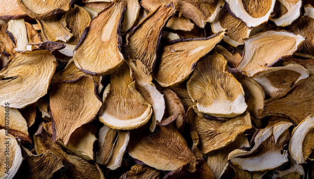 Background filled with dried mushroom slices, showcasing their irregular shapes and earthy brown tones. Perfect for gourmet, umami, or natural food themes. Texture, background. Background filled with dried mushroom slices, showcasing their irregular shapes and earthy brown tones. Perfect for gourmet, umami, or natural food themes. Texture, background.
