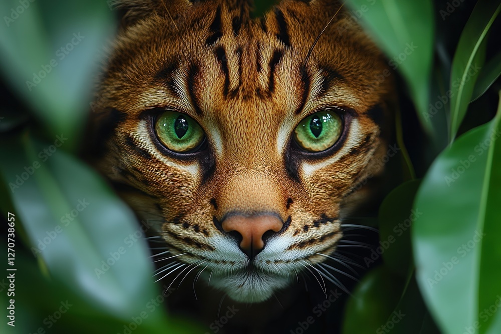 Bengal cat with golden coat patterned with bold rosette-shaped spots, green eyes glinting playfully, powerful lean muscles as it prowls through vibrant green foliage. Bengal cat with golden coat patterned with bold rosette-shaped spots, green eyes glinting playfully, powerful lean muscles as it prowls through vibrant green foliage.