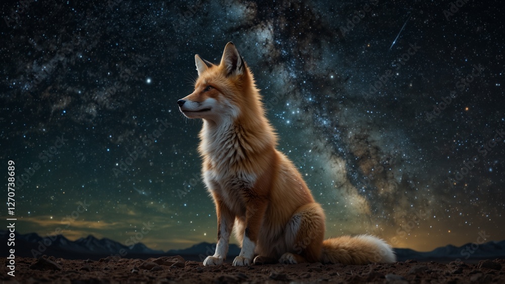 Fototapeta premium A celestial fox with luminous constellations on its fur, standing beneath the Milky Way.