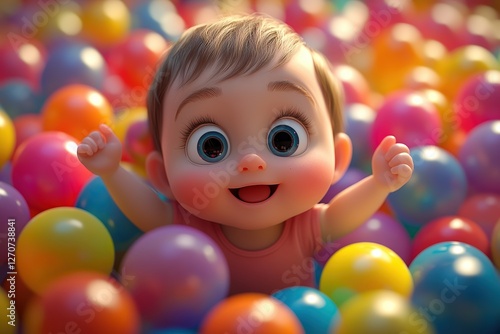  Cute cartoon-style baby with large sparkling eyes, smiling joyfully in colorful plastic ball pit, vibrant and playful background