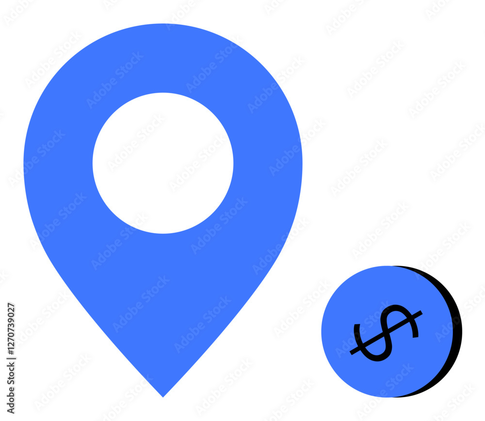 Large blue map pin beside a smaller blue coin with a dollar sign. Ideal for finance, mapping services, location-based marketing, business growth, travel expenses, investment areas, economic zones Large blue map pin beside a smaller blue coin with a dollar sign. Ideal for finance, mapping services, location-based marketing, business growth, travel expenses, investment areas, economic zones