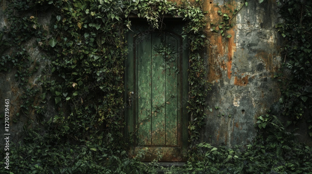 Beautifully Rustic Green Door Surrounded by Lush Greenery and Weathered Stone Walls in an Abandoned Setting Beautifully Rustic Green Door Surrounded by Lush Greenery and Weathered Stone Walls in an Abandoned Setting