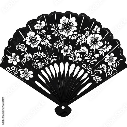 Ornate black floral fan, decorative, decorative item, handcrafted, for gifts, home decor photo