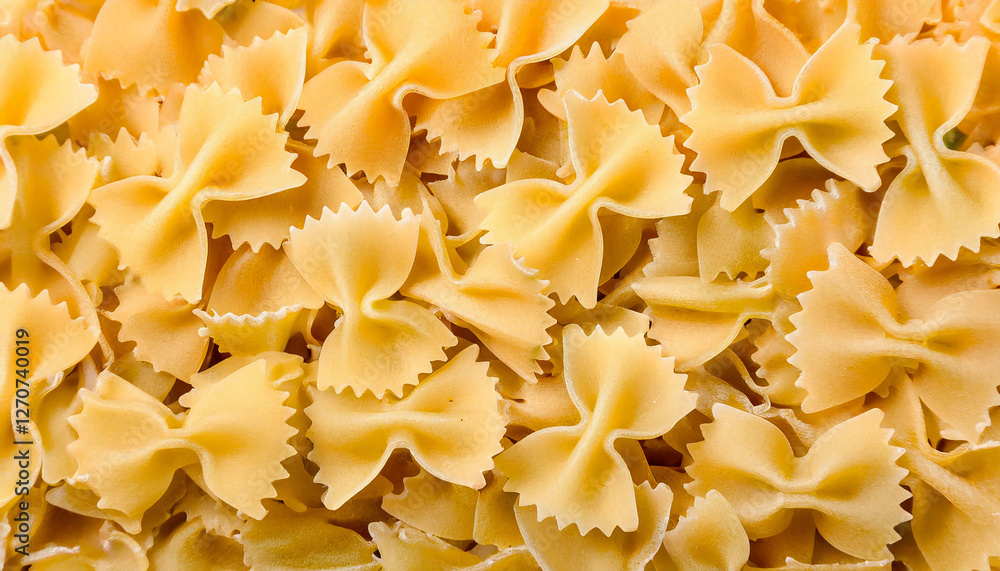 Background filled with identical shapes of farfalle pasta, showcasing their uniform design and golden-yellow color. Perfect for Italian cuisine or cooking themes. Texture, background. Background filled with identical shapes of farfalle pasta, showcasing their uniform design and golden-yellow color. Perfect for Italian cuisine or cooking themes. Texture, background.