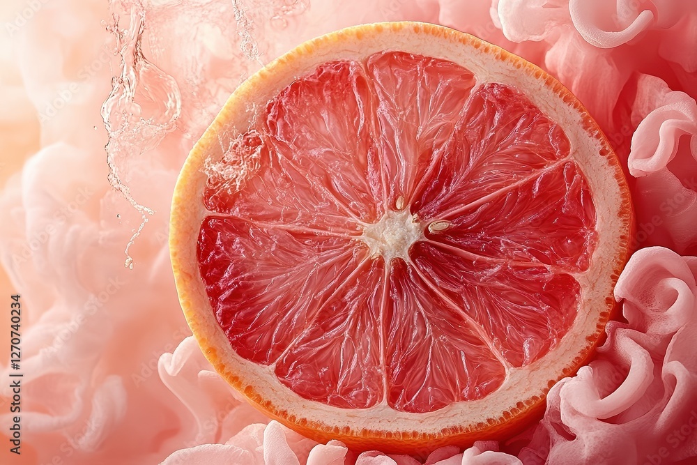 Grapefruit with thick, textured spiral peel, deep pink pulp visible beneath, soft mist of citrus oils mid-air, illuminated by soft diffused light. Grapefruit with thick, textured spiral peel, deep pink pulp visible beneath, soft mist of citrus oils mid-air, illuminated by soft diffused light.