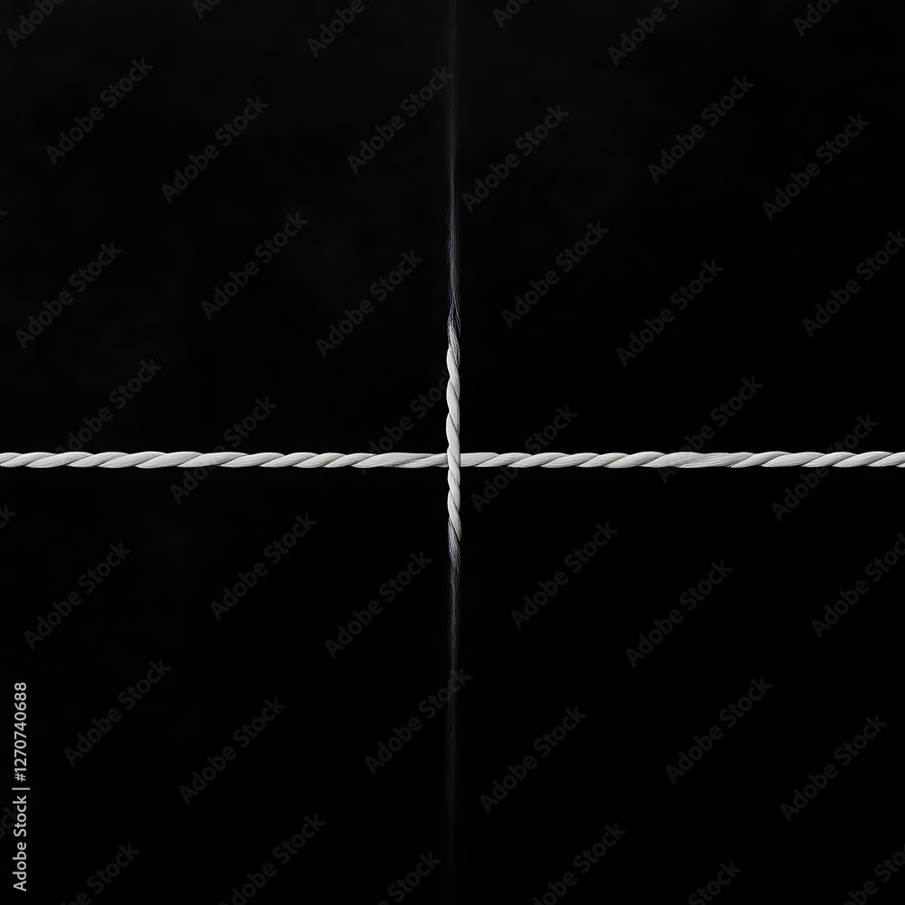 Intertwined White Twine Threads Against Pure Black Background Revealing Cross Junction Detail Intertwined White Twine Threads Against Pure Black Background Revealing Cross Junction Detail