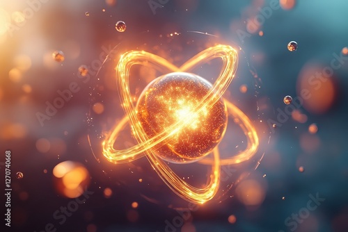  Glowing atom structure with orbiting electrons, bright orange core, blurred molecular background, scientific concept illustration photo