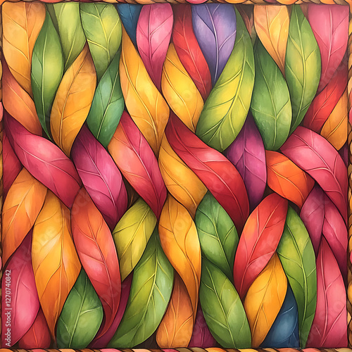 Wallpaper Mural Interwoven Colorful Leaves Pattern Artful Botanical Arrangement with Border Weaving Decoration Torontodigital.ca