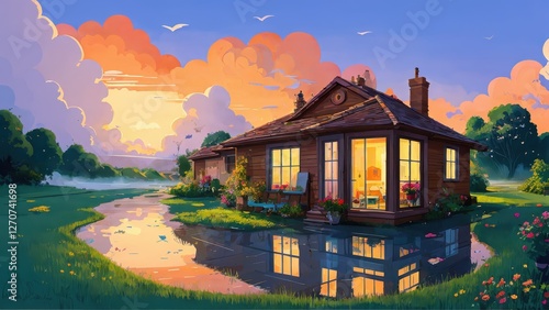 Illustration, a house, garden, lots of clouds