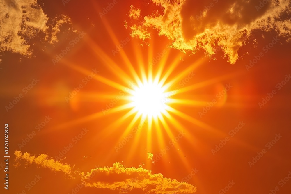 Fototapeta premium Sweltering heatwave, scorching sun high in the sky, shimmering heat ripples distorting distant roads, dry cracked earth under relentless golden light.
