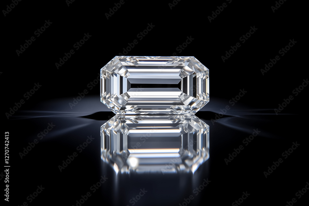 Elegant emerald-cut diamond reflecting on black surface with brilliant clarity. Elegant emerald-cut diamond reflecting on black surface with brilliant clarity.