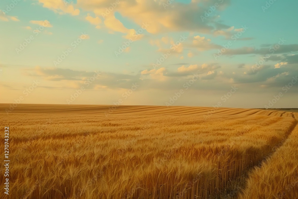 A serene golden wheat field stretches under a bright blue sky, dotted with soft clouds. This picturesque landscape epitomizes tranquility and the beauty of nature's bounty.