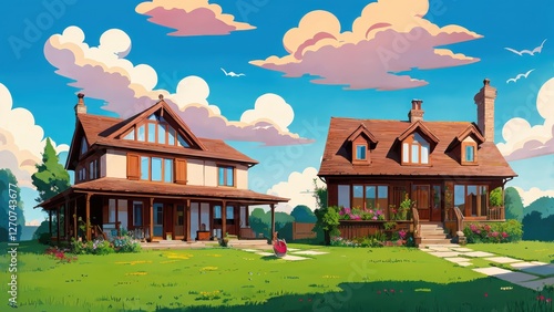 Illustration, a house, garden, lots of clouds