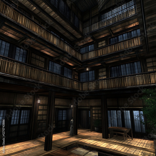 Wallpaper Mural Intricate Wooden Structure in Multi Level Asian Style Building Interior with Balconies and Windows Torontodigital.ca