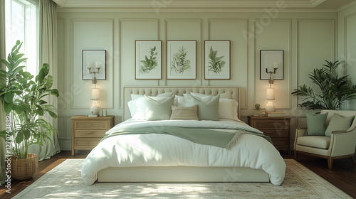 Interior design for a guest bedroom featuring a neutral theme with sleek moldings on the walls. The color scheme includes beige, white, and cream tones, with deeper beige flooring
