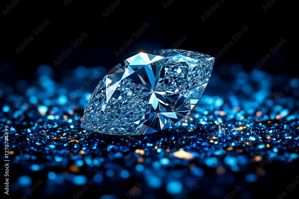 Sparkling diamond on a blue glitter background, capturing elegance and luxury. Sparkling diamond on a blue glitter background, capturing elegance and luxury.