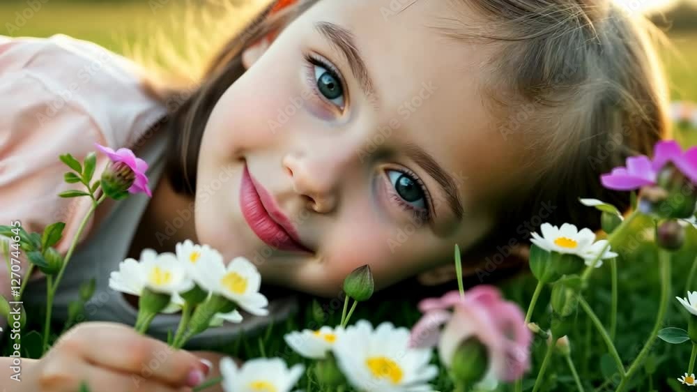Joyful child relaxing in a blooming field, embracing nature's beauty Joyful child relaxing in a blooming field, embracing nature's beauty