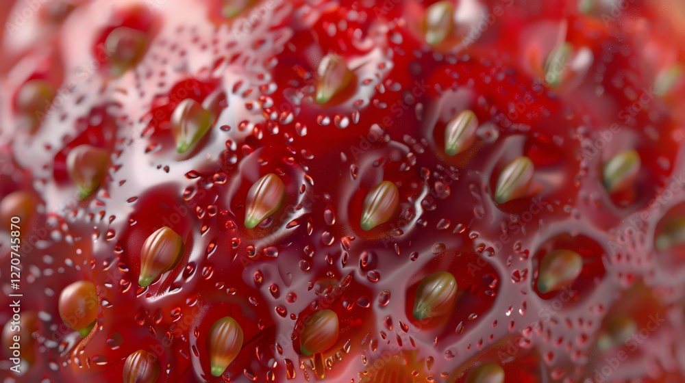 Close-up of a fresh, juicy strawberry covered in droplets of water Close-up of a fresh, juicy strawberry covered in droplets of water