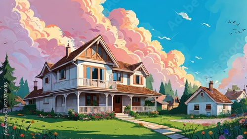 Illustration, a house, garden, lots of clouds