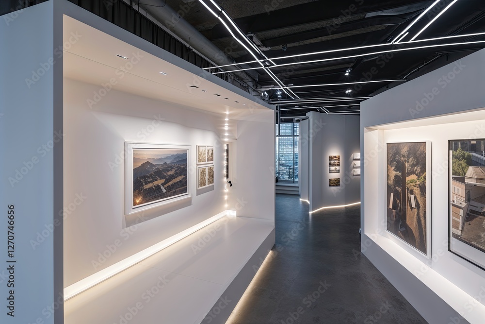Fototapeta premium Aerial View of Modern Art Exhibition Space with Hidden Lighting and Elegant White Finish