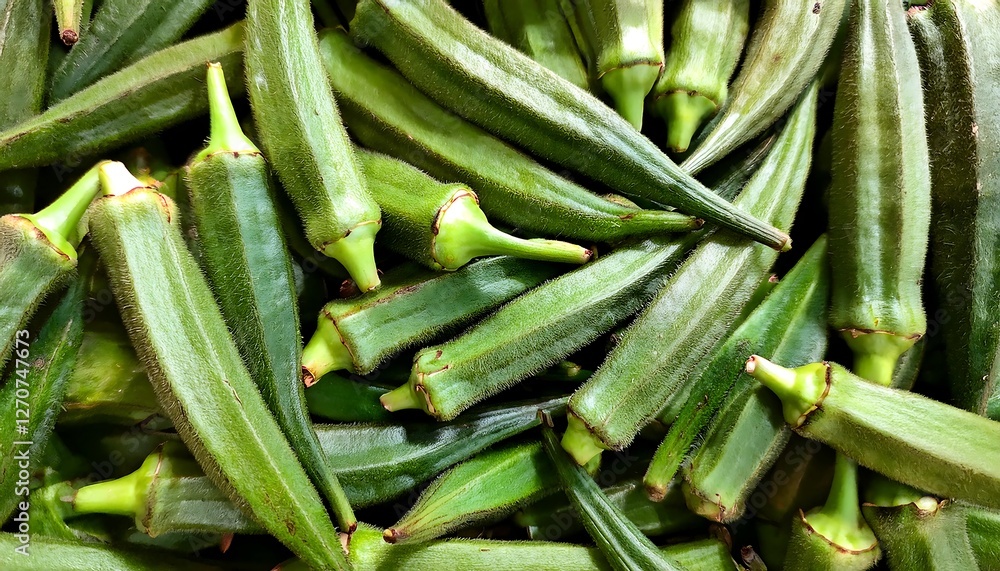 Close-up of fresh okra pods, emphasizing their ridged texture and vibrant green color. Ideal for healthy food, salads, or vegetable concepts. Texture, background. Close-up of fresh okra pods, emphasizing their ridged texture and vibrant green color. Ideal for healthy food, salads, or vegetable concepts. Texture, background.