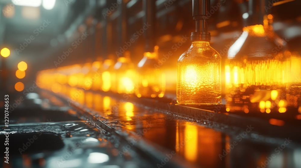Obraz premium Glowing Amber Bottles on Conveyor Belt in Factory