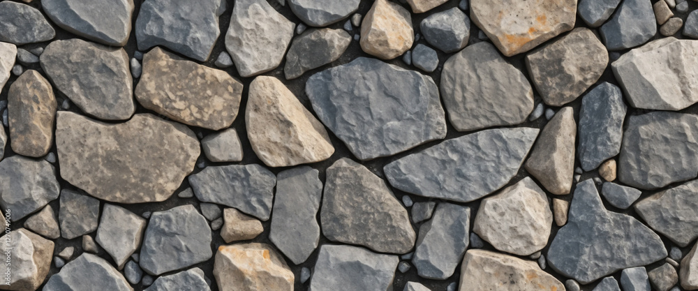 Varied gray stones with rough textures create a natural, irregular, and mosaic-like pattern. Varied gray stones with rough textures create a natural, irregular, and mosaic-like pattern.