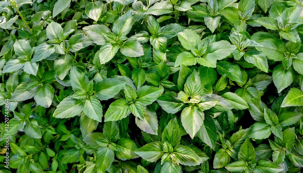 Close-up of fresh Thai basil leaves, emphasizing their pointed shape and vibrant green color. Ideal for healthy food, salads, or Asian-inspired concepts. Texture, background. Close-up of fresh Thai basil leaves, emphasizing their pointed shape and vibrant green color. Ideal for healthy food, salads, or Asian-inspired concepts. Texture, background.