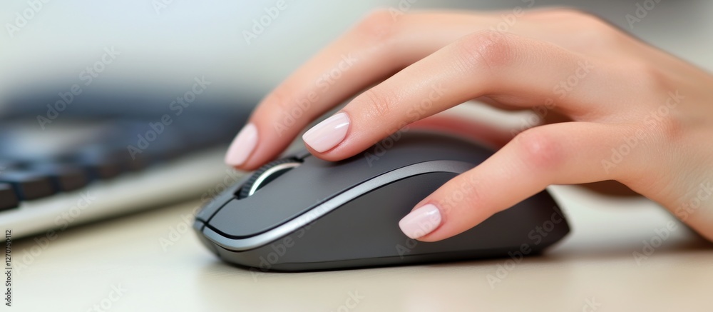Woman's hand using computer mouse; keyboard blurred background; office work Woman's hand using computer mouse; keyboard blurred background; office work