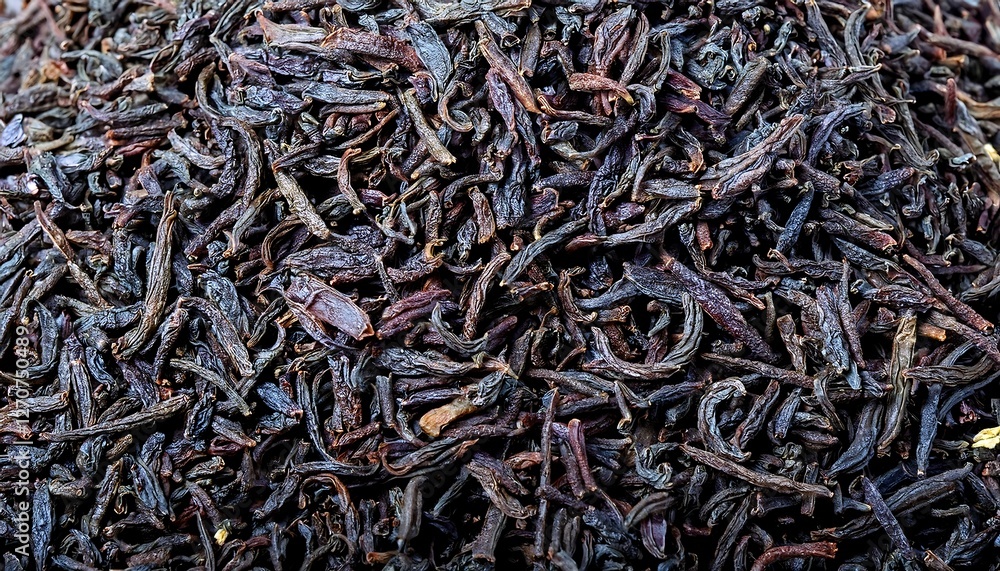 Close-up of loose black tea leaves, showcasing their dark, curled texture and rich brown hues. Ideal for cozy tea concepts, rustic themes, or artisanal products. Texture, background. Close-up of loose black tea leaves, showcasing their dark, curled texture and rich brown hues. Ideal for cozy tea concepts, rustic themes, or artisanal products. Texture, background.