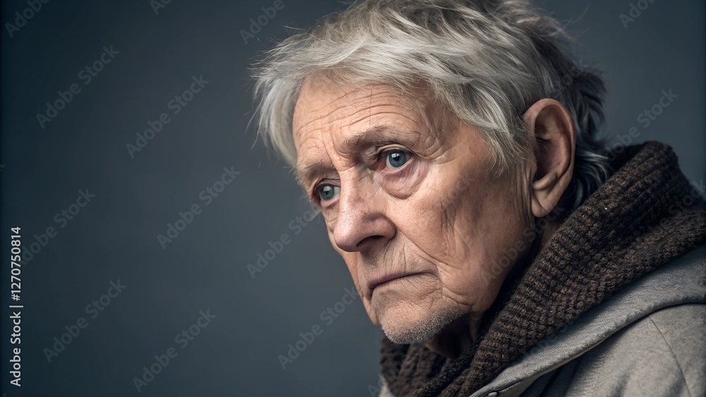Obraz premium Close-up portrait of an elderly woman with a sorrowful expression, looking into the distance. A deeply emotional image symbolizing aging, loneliness, wisdom, and life experiences.