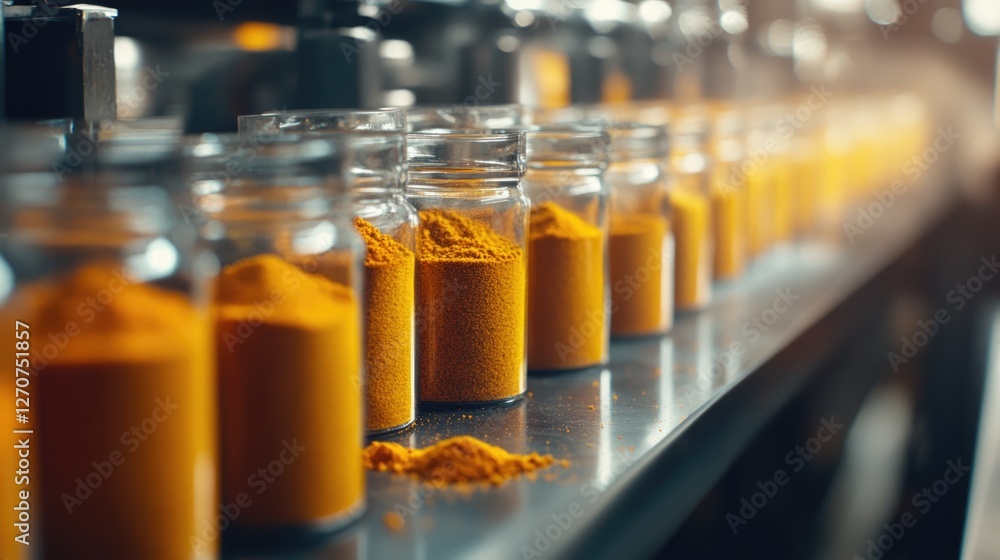 Golden Spice Jars on a Conveyor Belt: Production Line Golden Spice Jars on a Conveyor Belt: Production Line