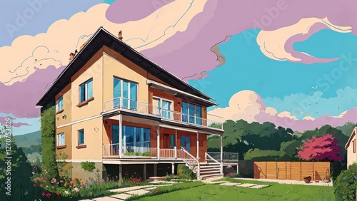 Illustration, a house, garden, lots of clouds