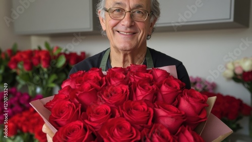 A Joyful Man Wearing an Apron Holds a Stunning Bouquet of Red Roses While Smiling Directly at the Camera