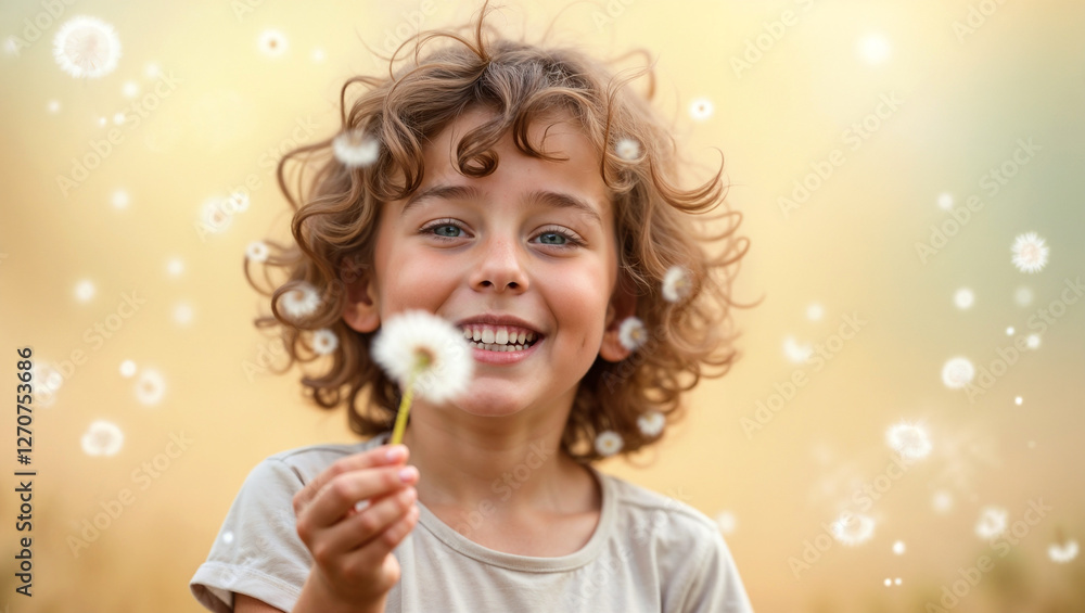 Child blowing dandelion, whimsical and carefree, soft pastel background Child blowing dandelion, whimsical and carefree, soft pastel background