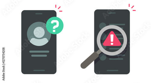 Scam fraud warning digital alert on mobile cell phone detect icon vector flat minimal graphic illustration set, unknown call cyber security information smartphone sign, fake caution notice message
