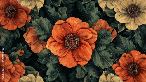 Wallpaper Mural Vibrant Floral Pattern with Orange and Cream Flowers Surrounded by Dark Green Leaves for Elegant Design Projects Torontodigital.ca